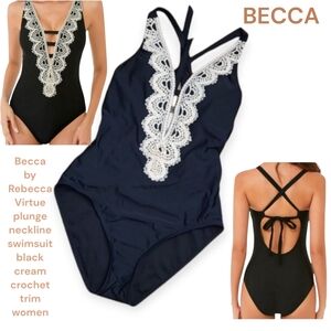Becca by Rebecca Virtue Women plunge neckline swimsuit black cream crochet M